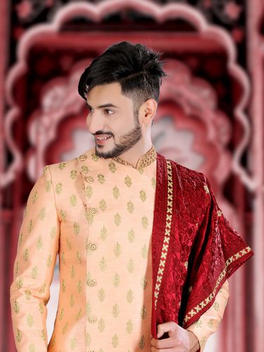 Peach Asymmetrical Embroidered Sherwani