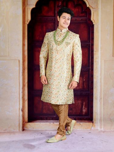 Pista Cream Multicoloured Embroidery Sherwani