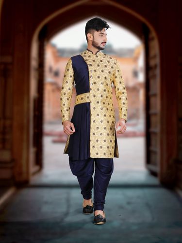 Nawabi Look Gold Blue Sherwani