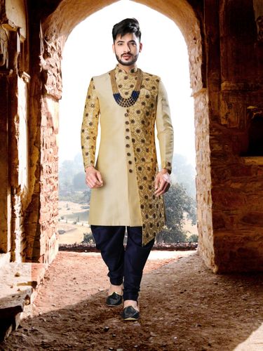 Classy Cream Gold Navy Sherwani