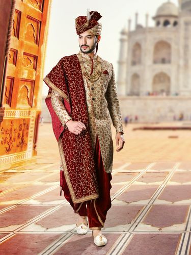 Cream Maroon Embroidered Sherwani With Harem Dhoti Pants