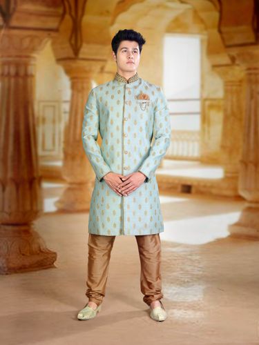 Embroidery Work Pista Silk Indo Western Sherwani