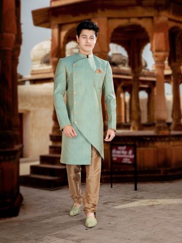 Asymmetrical Firozi Silk Indo Western Sherwani
