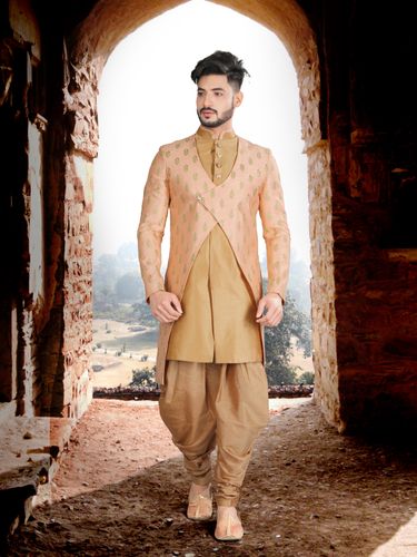 Designer Peach And Gold Color Indo Western Sherwani