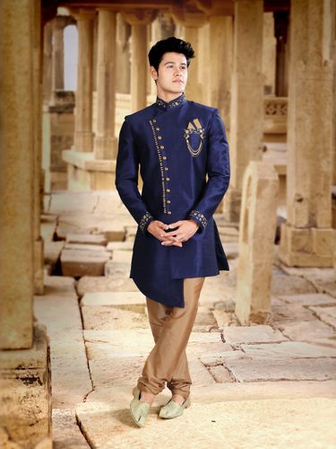 Elegant Navy Blue Indo Western Sherwani For Wedding