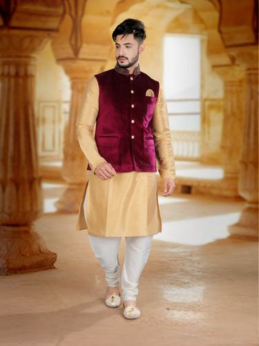 Alluring Velvet Nehru Jacket With Golden Kurta