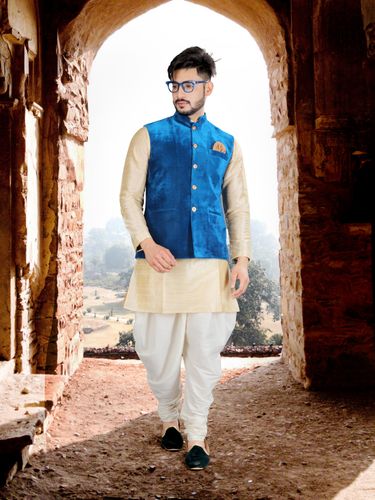 Classy Cream Kurta Set With Velvet Blue Nehru Jacket
