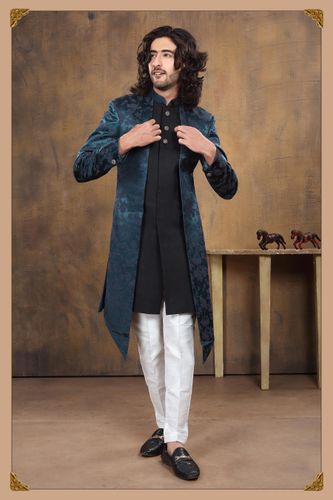 Black Teal Floral Indo Western With Jacket