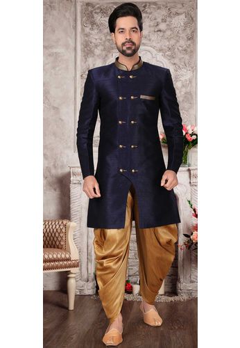 Navy Blue Color Silk Fabric Indo Western Sherwani