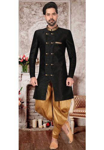 Black Color Silk Fabric Indo Western Sherwani