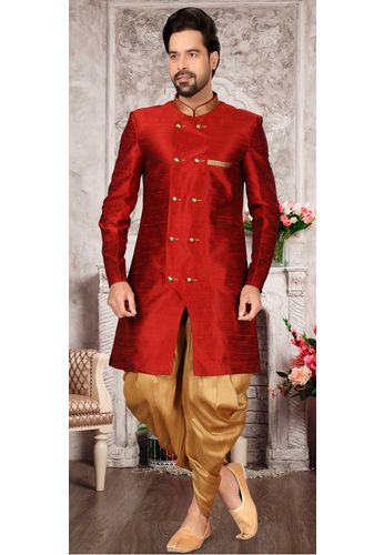 Regal Red Silk Fabirc Indo Western Sherwani