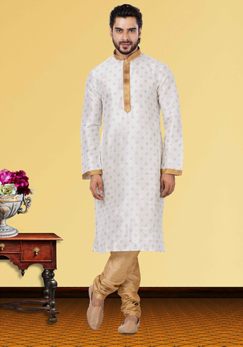 Simply Look White Self Print Kurta Pajama