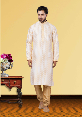 Cream Golden Jacquard Silk Kurta Pajama