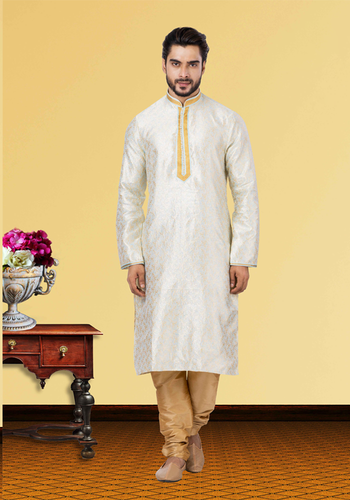 White With Golden Self Print Kurta Set