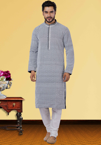 Grey Self Print Kurta Pajama On Georgette Fabric