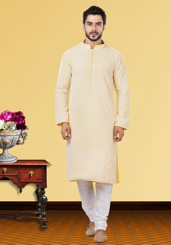 Lucknowi Chikankari Work Cream Kurta Pajama