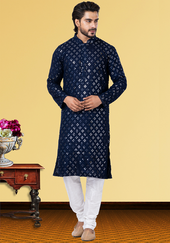 Quatrefoil Navy Blue Mirror Work Kurta Pajama