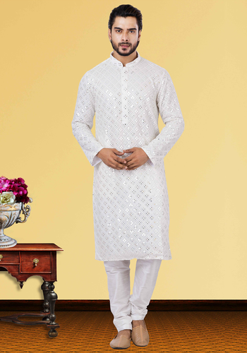 Quatrefoil White Mirror Work Kurta Pajama