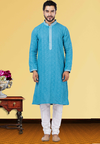 Lucknowi Chikankari Work Blue Kurta Pajama