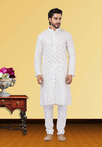 White Mirror Work Kurta Pajama On Silk Fabric