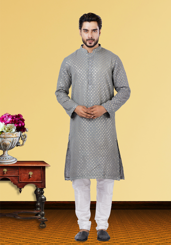 Tikki Work Grey Kurta Pajama On Georgette Fabric