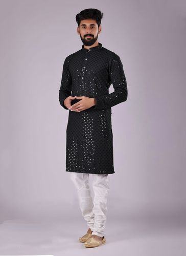Black Chikankari And Sequance Work Kurta With White Pajama