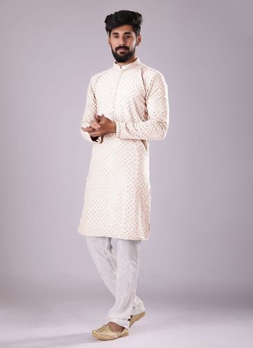 Cream Chikankari And Sequance Work Kurta With White Pajama