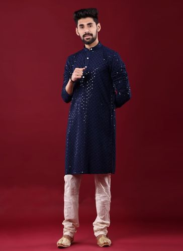 Blue Chikankari And Sequance Work Kurta With White Pajama