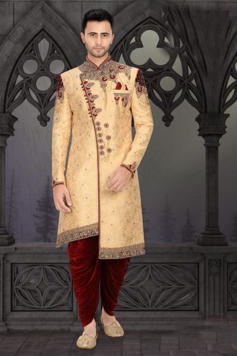 Artistic Handwork Gold Maroon Wedding Dhoti Sherwani