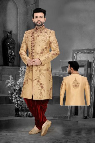 Elegant Silk Gold Maroon Wedding Dhoti Sherwani