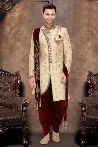 Stylish Cream Maroon Brocade Silk Dhoti Sherwani