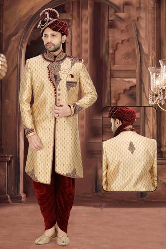 Traditional Design Brocade Silk Gold Maroon Wedding Sherwani