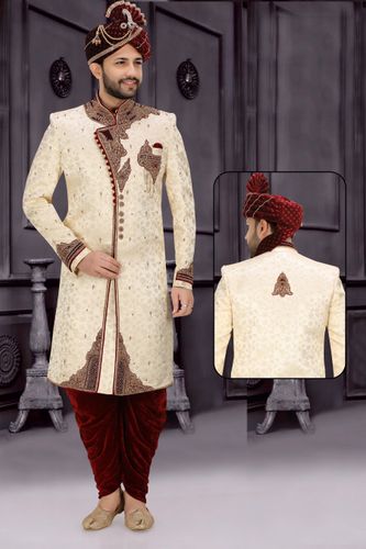 Fascinating Brocade Silk Cream Maroon Wedding Sherwani