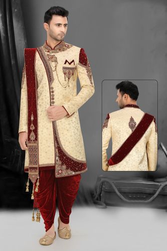 Gorgeous Cream Maroon Brocade Silk Wedding Dhoti Sherwani