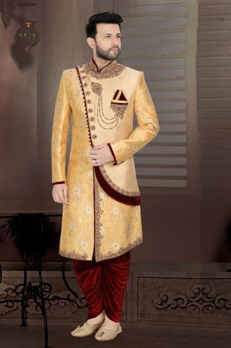 Beautiful Semi Apple Cut Brocade Silk Dhoti Sherwani