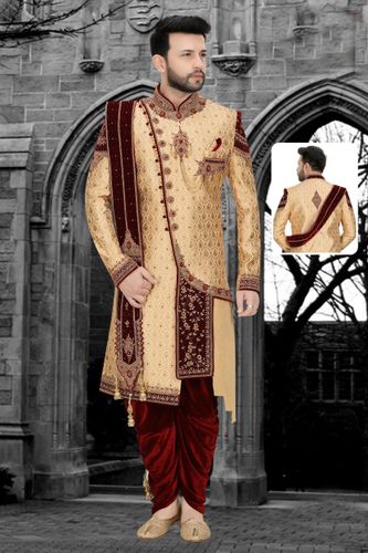 Dupatta Drape Style Gold Maroon Wedding Dhoti Sherwani