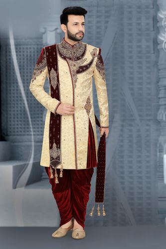 Dupatta Drape Style Cream Maroon Wedding Dhoti Sherwani