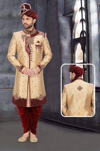 Rich Look Gold Maroon Brocade Silk Wedding Sherwani