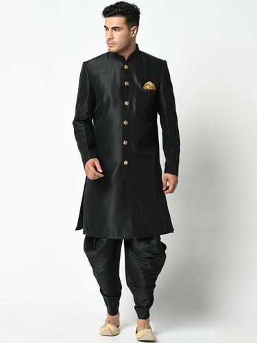 Bold Black Dupion Silk Sherwani With Dhoti