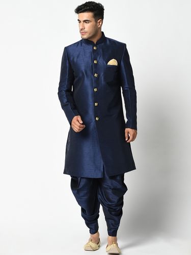 Navy Blue Dupion Silk Sherwani With Dhoti