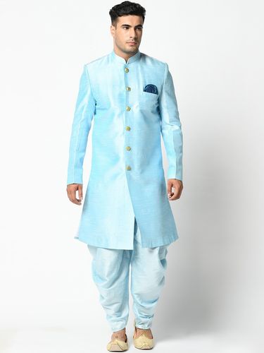 Sky Blue Dupion Silk Sherwani With Dhoti