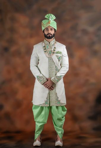 Handwork Design Off White And Green Silk Sherwani