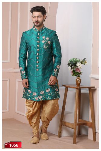 Graceful Teal Green Banarasi Silk Indo Western Sherwani