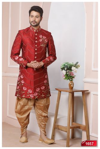 Suave Maroon Self Designer Banarasi Silk Indo Western Sherwani