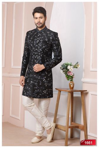 Eccentric Black Desinger Silk Indo Western Sherwani