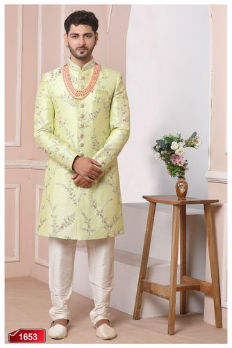 Lime Green Self Embroidered Indo Western Sherwani