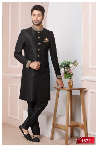 Marvelious Royal Black Banarasi Silk Indo Western Sherwani