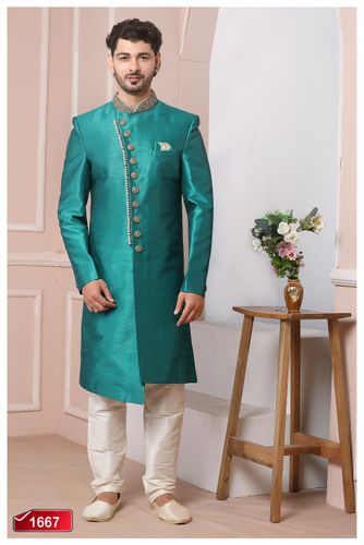 Timeless Teal Green Classical Silk Indo Western Sherwani