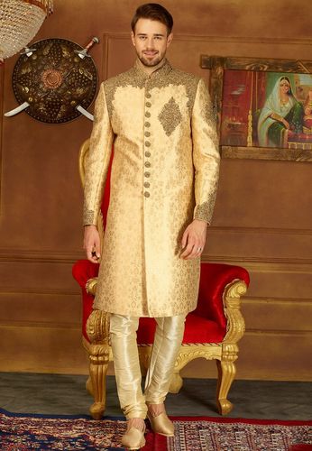 Brocade Silk Golden Color Indo Western Sherwani