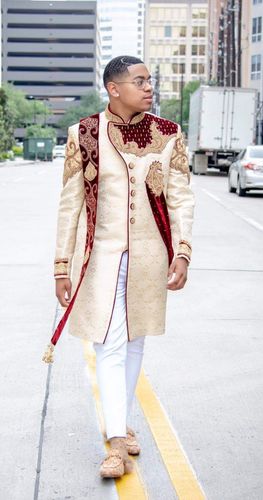 Gold Maroon Brocade Silk Sherwani With Handwork